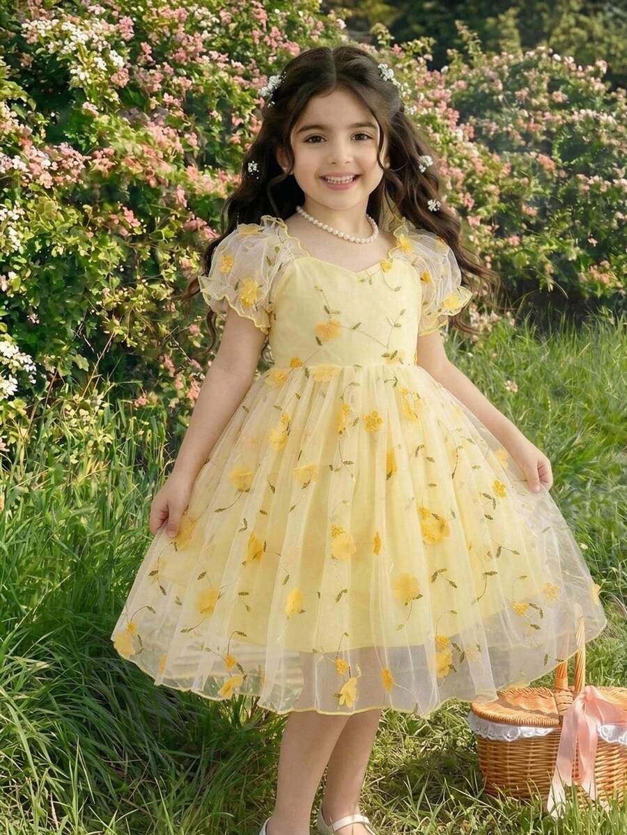 SHEIN Glamorique Kids 少女優雅迷人粉色可愛泡泡袖收腰奢華雙層刺繡網紗蓬蓬洋裝正式禮服 - 黃色 - 查看 1