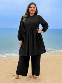 Swim Mulvari Plus Size Black Loose Sleeve & Pants Burkini Set, Suitable For Beach Vacation In Middle East Modest Alt - Black - View 6