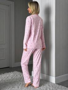 SHEIN Women 2 Pcs Pink Button Front With Striped&Heart Pattern Homewear Cute Pajama Set - Pink - View 2