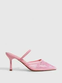 CUCCOO SZL 女款時尚優雅刺繡尖頭網布高跟單鞋 春季鞋 - 粉色 - 查看 3