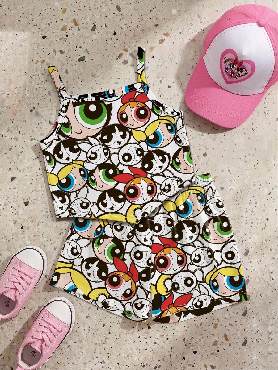 THE POWERPUFF GIRLS X SHEIN GraphicGems 少女全印花不對稱下擺吊帶背心與短褲套裝 - 彩色 - 查看 1