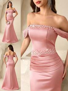 Coutiva Women's Tube Front Beaded + Rhinestone Embellished Bustier Formal Evening Gown (Heavy Workmanship Style) - Pink - View 3