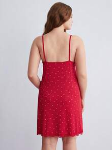 Elorette Heart-Print Red Dress Plus Size Women Knitted Ribbed Red Heart Print Contrast Lace Bow Cute Sleepwear Slip Dress, Suitable For Holidays And Celebrations Red Night Dress - Red - View 3
