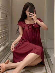 DAZY 甜美輕盈荷葉邊網紗短洋裝夏季女款睡裙 - 酒紅色 - 查看 5
