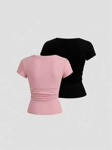 Sweetra Set 2 Potong Kaos Lengan Pendek Patchwork Renda 2 In 1 Wanita Musim Panas Warna Merah + Hitam - Coral Pink - View 2