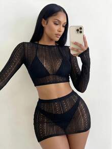 Sirith 2pcs/Set Women's Solid Color Sexy Hollow Out Fitted Mesh Cover-Up - Black - View 3