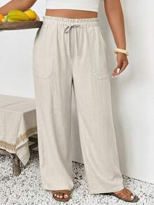 Lounesse Plus Size Women's Casual Ruffled Waist Tie Bow Pocket Loose Pants, Suitable For Spring & Summer - Apricot - View 3