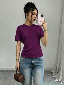 SHEIN PETITE 女款素色圓領短袖休閒百搭T恤 - 中紫紅色 - 查看 1