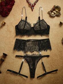PinupPomp Fashion Retro Chain Eyelash Lace Sexy Women's Lingerie Set 3pcs - Black - View 3
