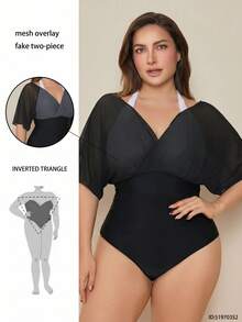 Swim Basics 大尺碼女款掛脖式 2 合 1 拼接連身泳衣，適合海灘度假、泳池派對、海灘派對 - 黑與白 - 查看 6