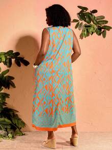 BrightlyHer Plus Size Geometric Print Pocket Round Neck Casual Vacation Dress - Multicolor - View 2