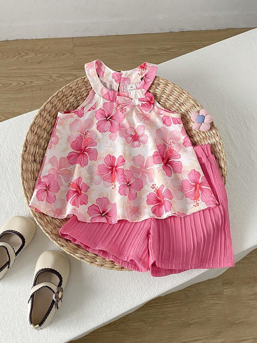 SHEIN Playful Pals 女童度假花卉海灘夏季時尚細肩帶上衣與提花純色短褲 2件組 - 粉色 - 查看 1