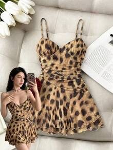 DAZY Women's Fashionable Leopard Print Spaghetti Strap Mini Dress, Summer Club Night Party Beige 70s Retro Sundress Vacation - Brown - View 12