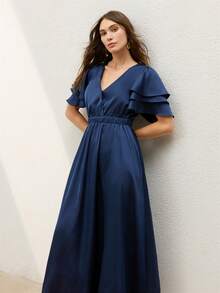 CielaLinda Women's Ruffle Short Sleeve V-Neck Maxi Dress For Summer Vacation, Wedding Guest Dress, Holiday Dress, Blue Dress, Maxi Dress, Prom Dress, Party Dress - Navy Blue - View 6