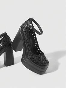 ROMWE Women's Fashion And Sexy Platform High-Heeled Shoes, Punk Style Gothic Dark Style Hollow Embroidery Engraving With Buckle Design, Spring, Summer - Black - View 3