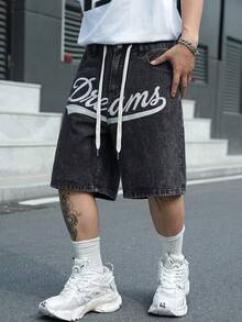 Manfinity EMRG 男士街頭風休閒刺繡黑色牛仔短褲 - 黑色 - 查看 8