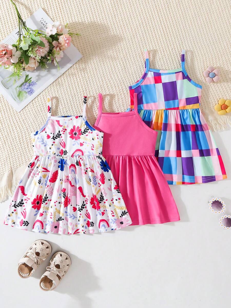 SHEIN 嬰幼兒(女童)洋裝，夏季新品，休閒可愛趣味風格，多件裝多色，無袖細肩帶修身貼身洋裝，滿版碎花印花搭配素色洋裝田園風，夏季多巴胺色系時尚可愛洋裝，柔軟舒適面料，日常時尚百搭風格，適合夏季度假、派對、聚會及其他場合，度假新品女童洋裝細節款，3件/包