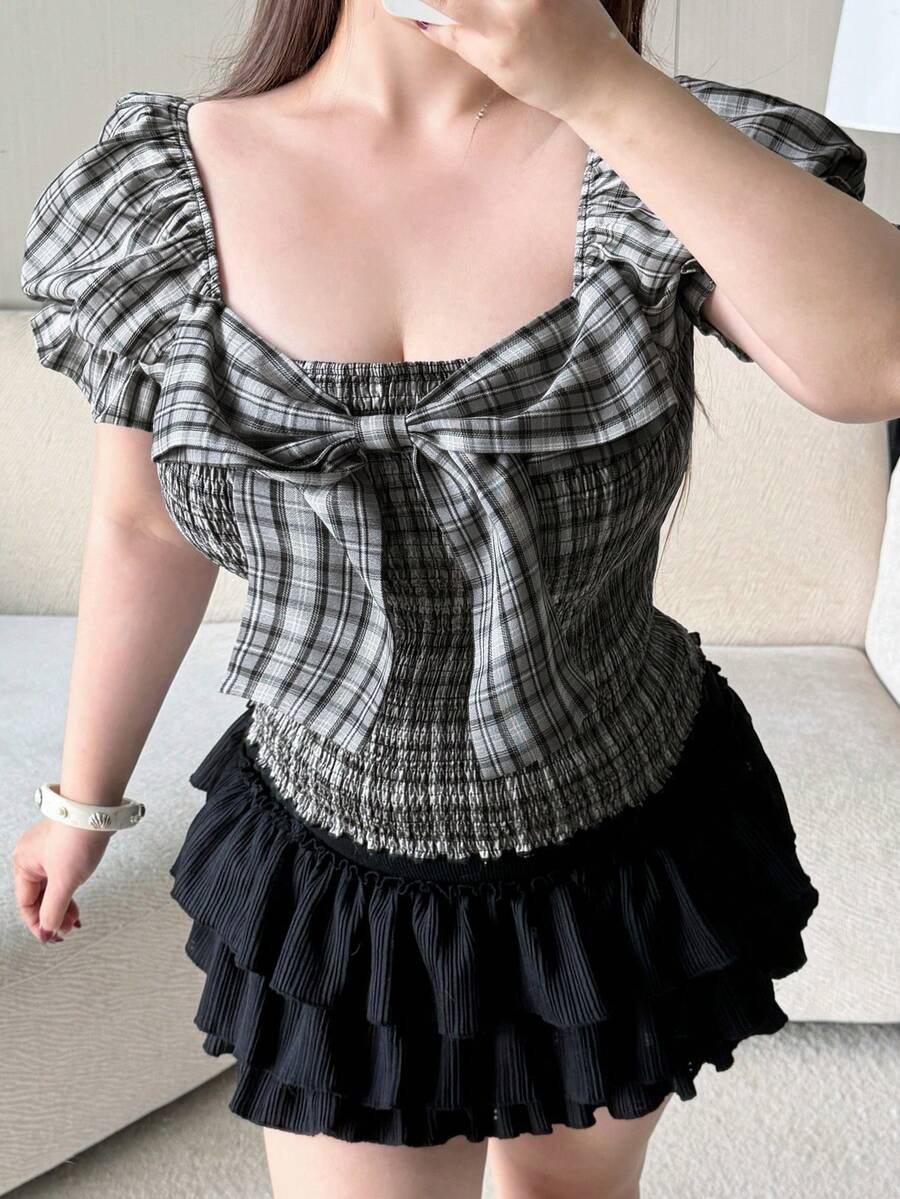 REIGN AVE Modische karierte Schleifen-Deko figurbetonte geraffte Puff-Kurzarm sexy elegante kurze Pullover-Bluse Damen Große Größen Frühling Sommer Hemd - Grau - Übersicht 1