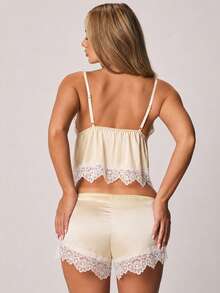 MISSGUIDED Satin Pajama Set With Lace Trim Camisole And Matching Shorts Loungewear Sleepwear For Summer Nights - Yellow - View 2
