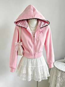 SHEIN Tween女孩蝴蝶結刺繡對比蕾絲連帽拉鍊秋季運動衫 - 粉色 - 查看 5