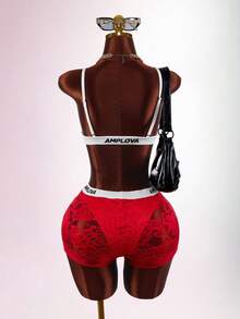Amplova Women's Sexy 2pcs Set Contrast Lace Cropped Camisole Top And Shorts Club Night Red Summer - Multicolor - View 8
