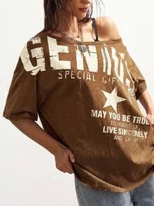 Bohemela Casual Grunge Solid Color Knit Asymmetric Neck Short Sleeve Loose Fit Women's T-Shirt Brown And Cream Large Letters Graphic Tee Summer Outfits Music - Brown - View 6