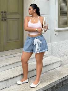 Rivivi Plus Size Women's Non-Stretch Denim Shorts, Classic Rolled Hem Washed Light Blue Distressed, Lace Tie Accessory, Loose Casual Straight Leg - Light Wash - View 5