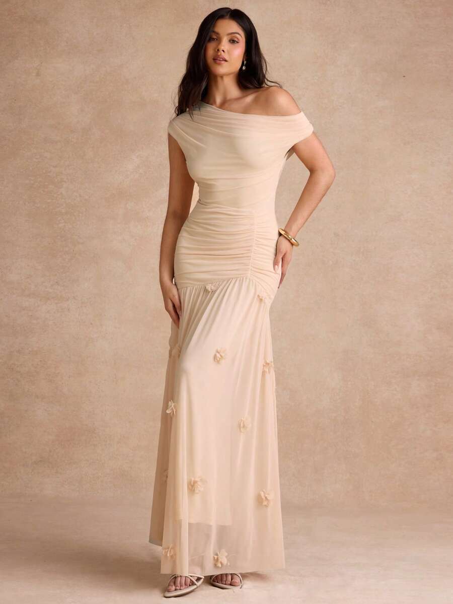 Enchnt Women's Solid Color Asymmetric Neck Fitted Ruched Summer Elegant Long Dress