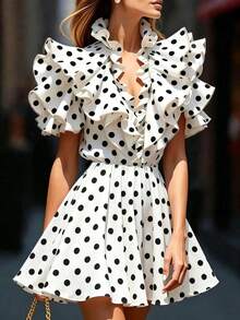 SHEIN Women's Black And White Polka Dot Ruffle Small Stand Collar Front Chest Large Ruffle Pleated Ruffle Sleeve Short Dress, Suitable For Spring And Summer Wear, Suitable For Daily Commute, Daily Elegance, Romantic Date, Beach Leisure Vacation - Black and White - View 2
