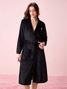 Bonmuse 1pc Women's Elegant V-Neck Long Sleeve Flannel Fluffy Robe With Belt, Autumn/Winter, Cozy - Black - View 7