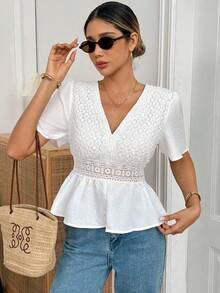 Elyressa Ladies' Smooth-Woven Elegant Romantic Summer Resort Blouse Wedding Date White - White - View 6