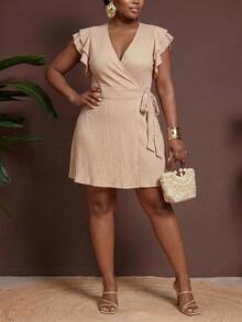 Veslaya Plus Size Women's Solid Color V-Neck Waist Knot Casual Elegant Party Vacation Dress Beige Summer - Apricot - View 4