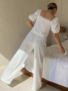 DAZY 2pcs/Set Textured Fabric Puff Sleeve Blouse & Straight Long Pajama Pants Summer Women's Sleepwear Set - White - View 2