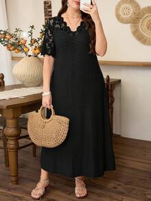 Lacomfia Spring/Summer Elegant Casual Dyed Lace Patchwork V-Neck Pullover Loose Fit Versatile Knit Jacquard Plus Size Women Long Dress - Black - View 3