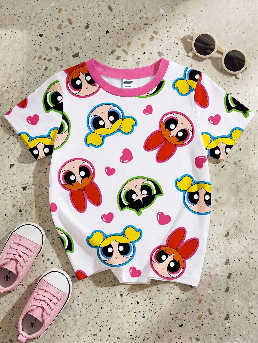 THE POWERPUFF GIRLS X SHEIN GraphicGems 1件女嬰休閒可愛卡通印花圓領短袖T恤 - 彩色 - 查看 1