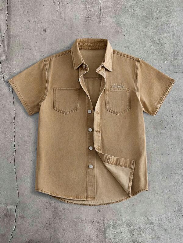 AXEPEAK Men's Letter Embroidered Pattern Single-Breasted Casual Versatile Daily Travel Denim Short Sleeve Top