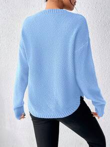 SHEIN LUNE 女款素色圓領落肩長袖休閒套頭毛衣 - 薄荷藍 - 查看 2