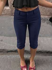 SHEIN EZwear 女款純色修身鈕扣簡約時尚七分褲 - 藏蓝色 - 查看 5
