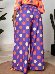 Maweii Plus Size Women's Dopamine High Saturation Color Block Polka Dot Drape Wide Leg Pants, Slimming Straight Leg Long Pants, Summer Vacation Casual Floor-Length Pants - Purple - View 2