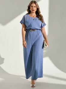 Chikora Plus Size Summer Casual Elegant Solid Color Short Sleeve Jumpsuit Brunch Bussines Evening Office Dusty Blue - Blue - View 7