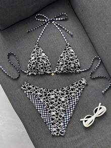 Swim Mod Women's Patterned Special Fabric Plaid Reversible Bikini Set - Black - View 3