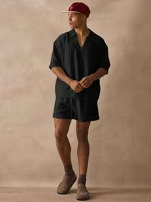 Musero Oversized Short Sleeve Deep V Neck Collared Drop Shoulder Thick Hem Linen Shirt Spring Summer Essentials Beachy Holiday - Black - View 5