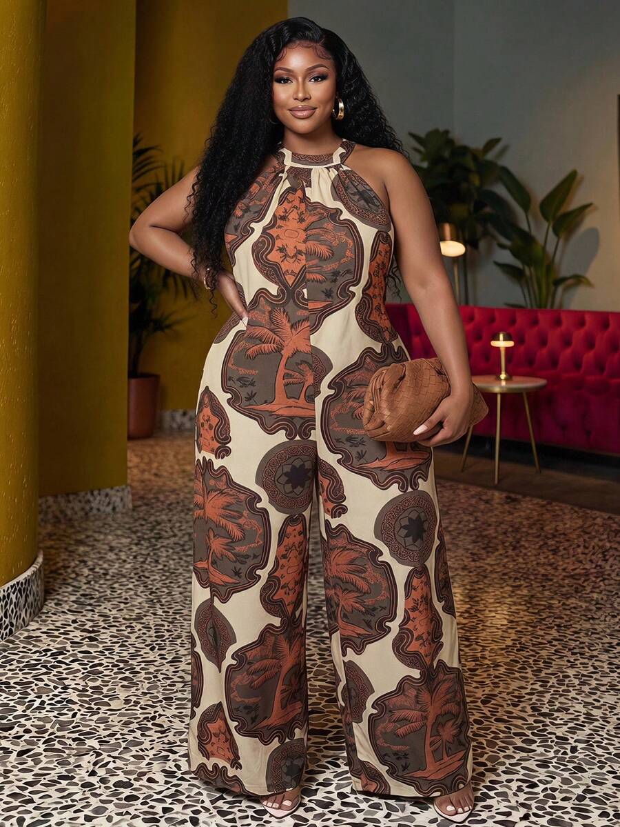 Veslaya Plus Size Loose Halter Casual Graphic Print Jumpsuit - Multicolor - View 1