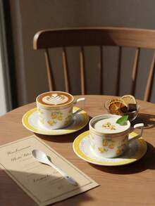 1 Set Ceramic Coffee Cup With Saucer, Lemon Pattern Mug, Perfect Gift For Valentine's Day, Father's Day & Mother's Day, Multipurpose Cup For Coffee Milk Juice, Ideal For Home Restaurant Cafe Coffee Lovers - Multicolor - View 2