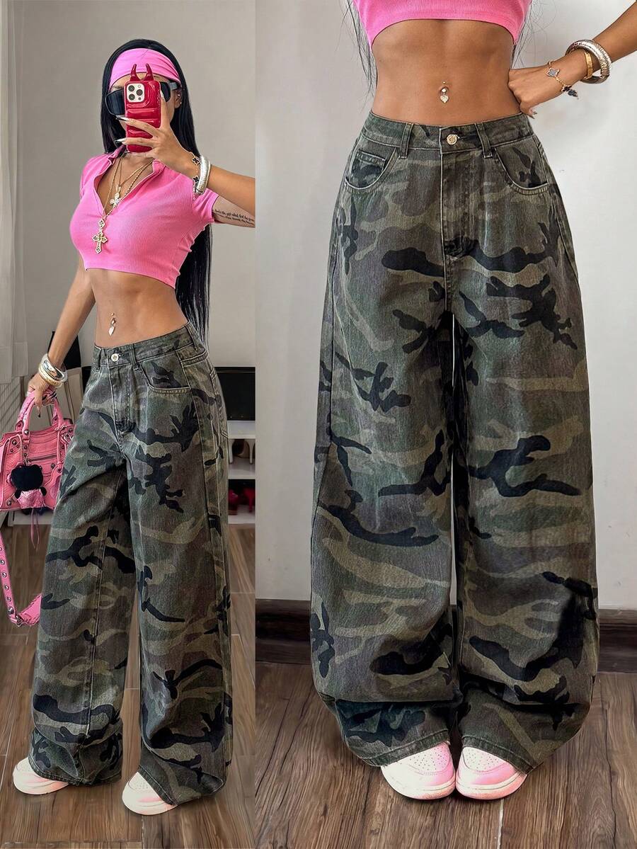 SHEIN HypeZone 女款迷彩印花口袋寬腿寬鬆休閒牛仔長褲 - 彩色 - 查看 1