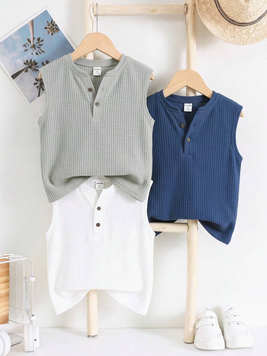 SHEIN 3件組兒童青少年男童半袖裝飾木鈕扣紋理面料藍色、綠色、白色圓領背心T恤,適合夏季休閒出遊、運動、度假、校園場合,百搭百搭 - 彩色 - 查看 1
