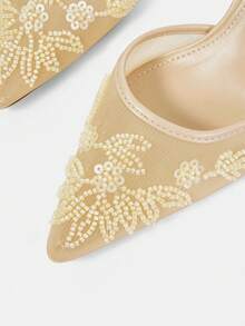 CUCCOO HITCHD 夏季新款刺繡蕾絲亮片尖頭紅酒杯高跟鞋 優雅浪漫網紗女式高跟鞋 一腳蹬 新娘鞋 約會優雅穿搭 - 杏色 - 查看 5