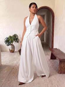Truni Plus Size Casual Elegant Vacation Wide-Leg Two Pieces Set Formal Party Formal Office White Summer - White - View 3