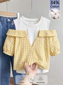 55%Cotton,Tween Girl Crew Neck 2 In 1 Patchwork Casual Versatile Daily Wear Shirt,Random 1pc Sent - Multicolor - View 9