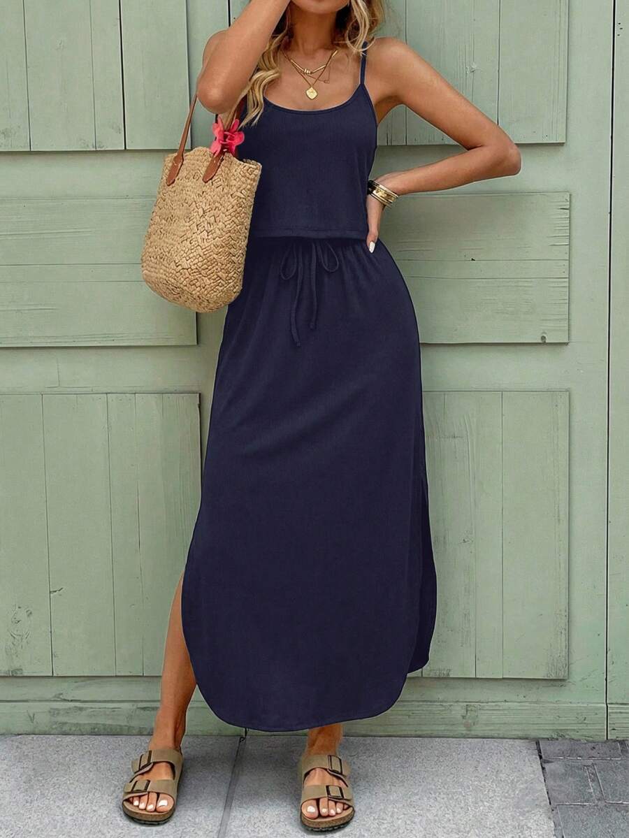 SHEIN LUNE Women's Casual Solid Color Ribbed Sleeveless Dress With Side Slit Hem And Drawstring, Spring/Summer Everyday Basic Style Vacation Navy Blue - Royal Blue - View 1